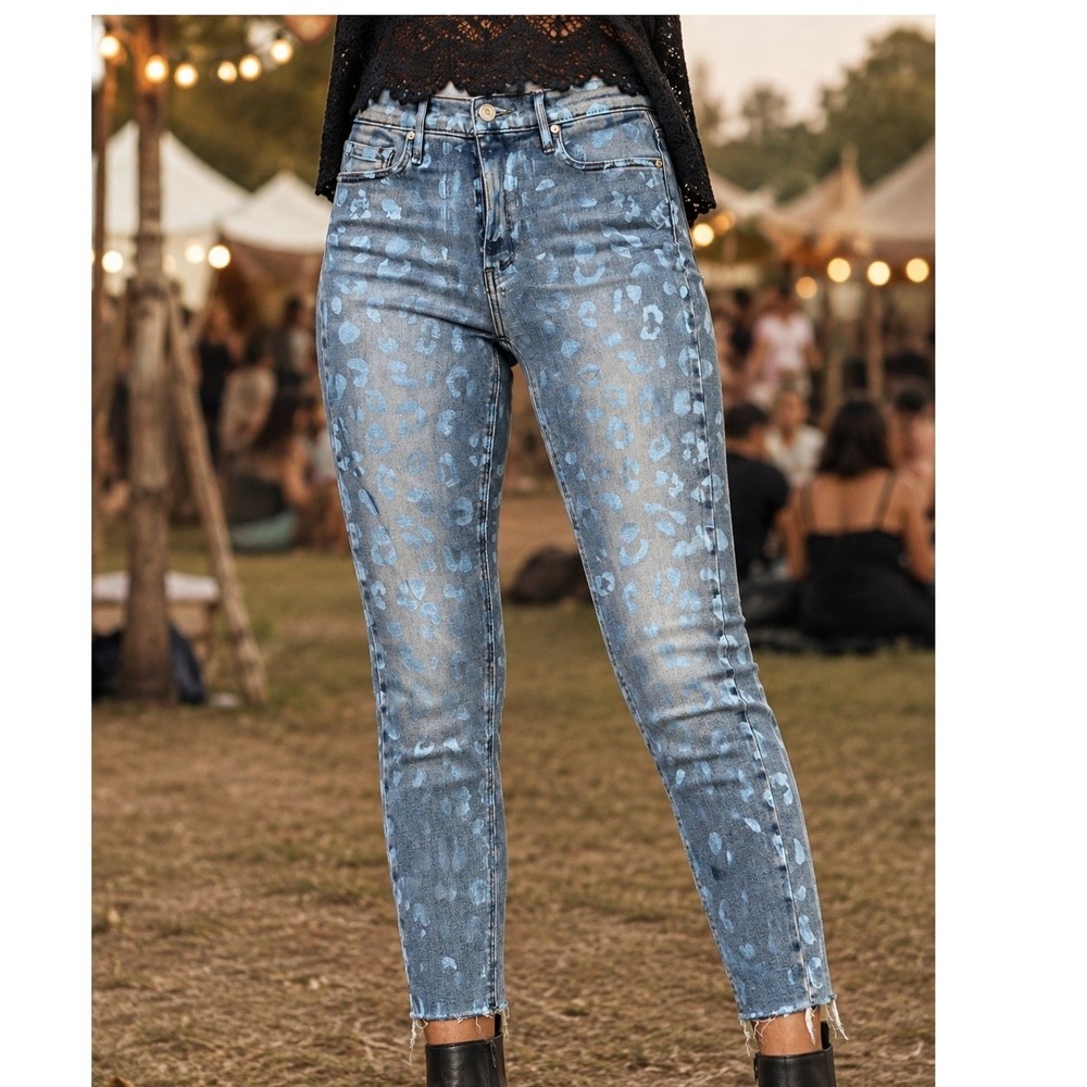 Black Orchid Los Angeles Metallic Blue Leopard Skinny Jeans Raw Hem 26 NEW Crop